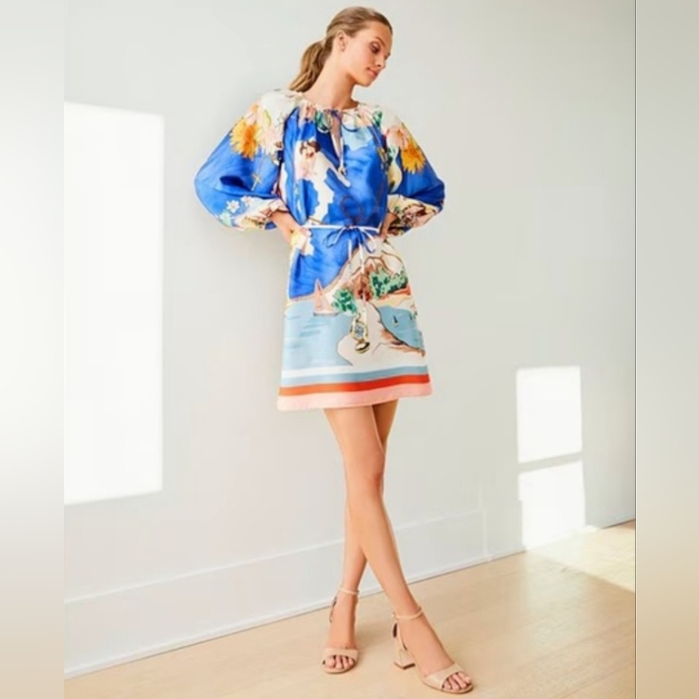 Antonio Melani Mini Dress XL Blue Satin Raffaella Belted Floral Tropical New$200